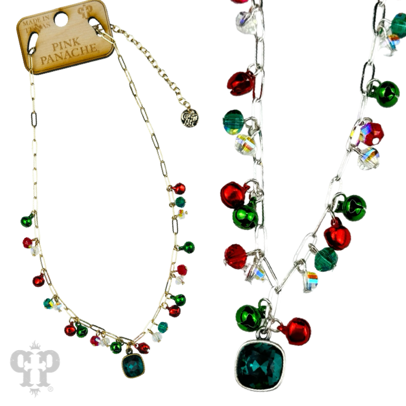 Christmas bell chain link pendant necklace, Austrian crystal