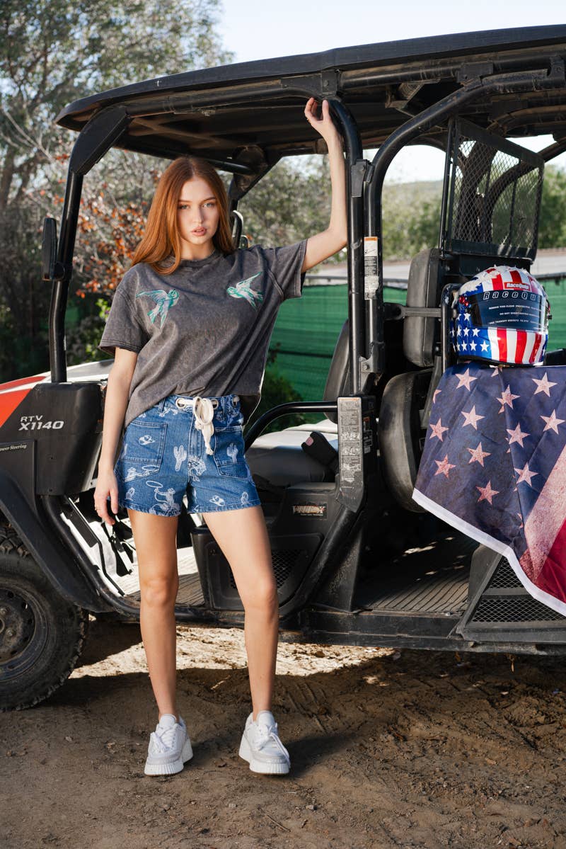 Western Print Denim Shorts