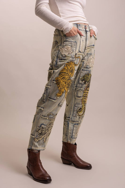 PATCHWORK TIGER DENIM PANTS
