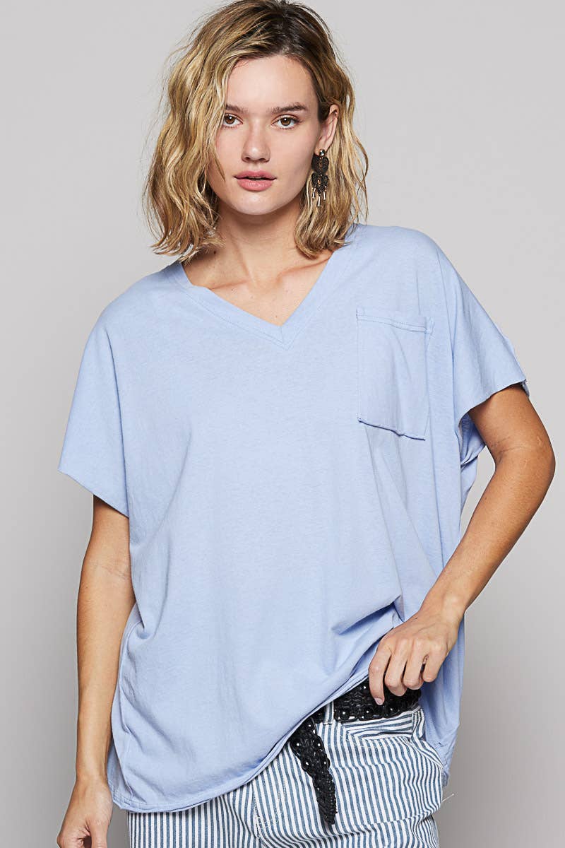 Oversized v-neck front pocket short sleeve solid top SALE
