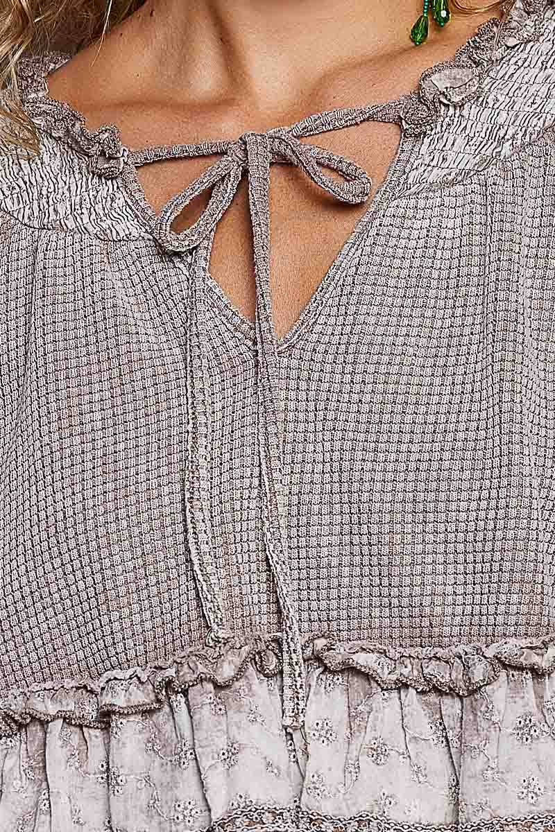 Deep V-Neck Cotton Eyelet Ruffle Balloon Sleeve Thermal Top