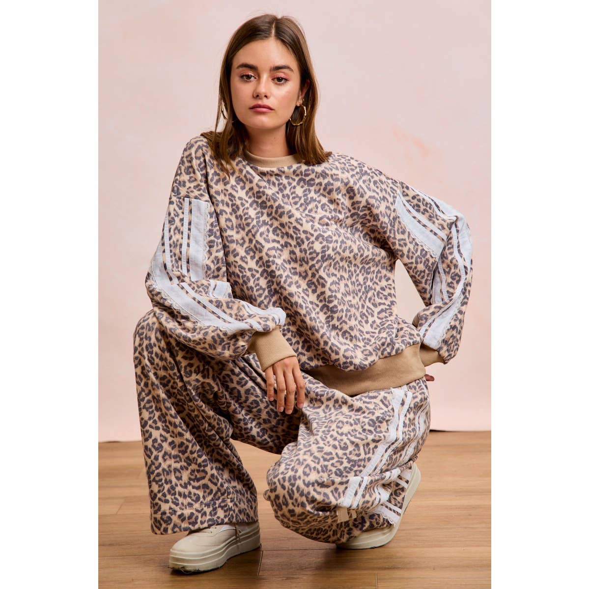 LEOPARD FRENCH TERRY LACE CONTRAST SWEATSHIRT TOP