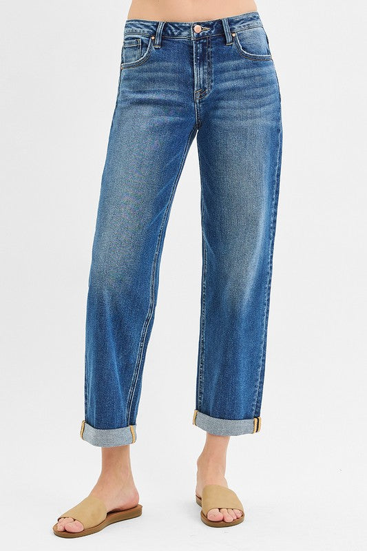 Risen Mid Rise Boyfriend Roll Up Jeans