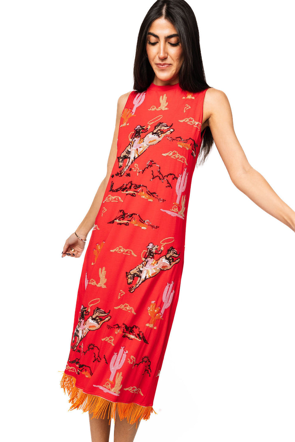 Queen Of Sparkles Red Bucking Cowgirl Fringe Bottom Midi Tank Dress