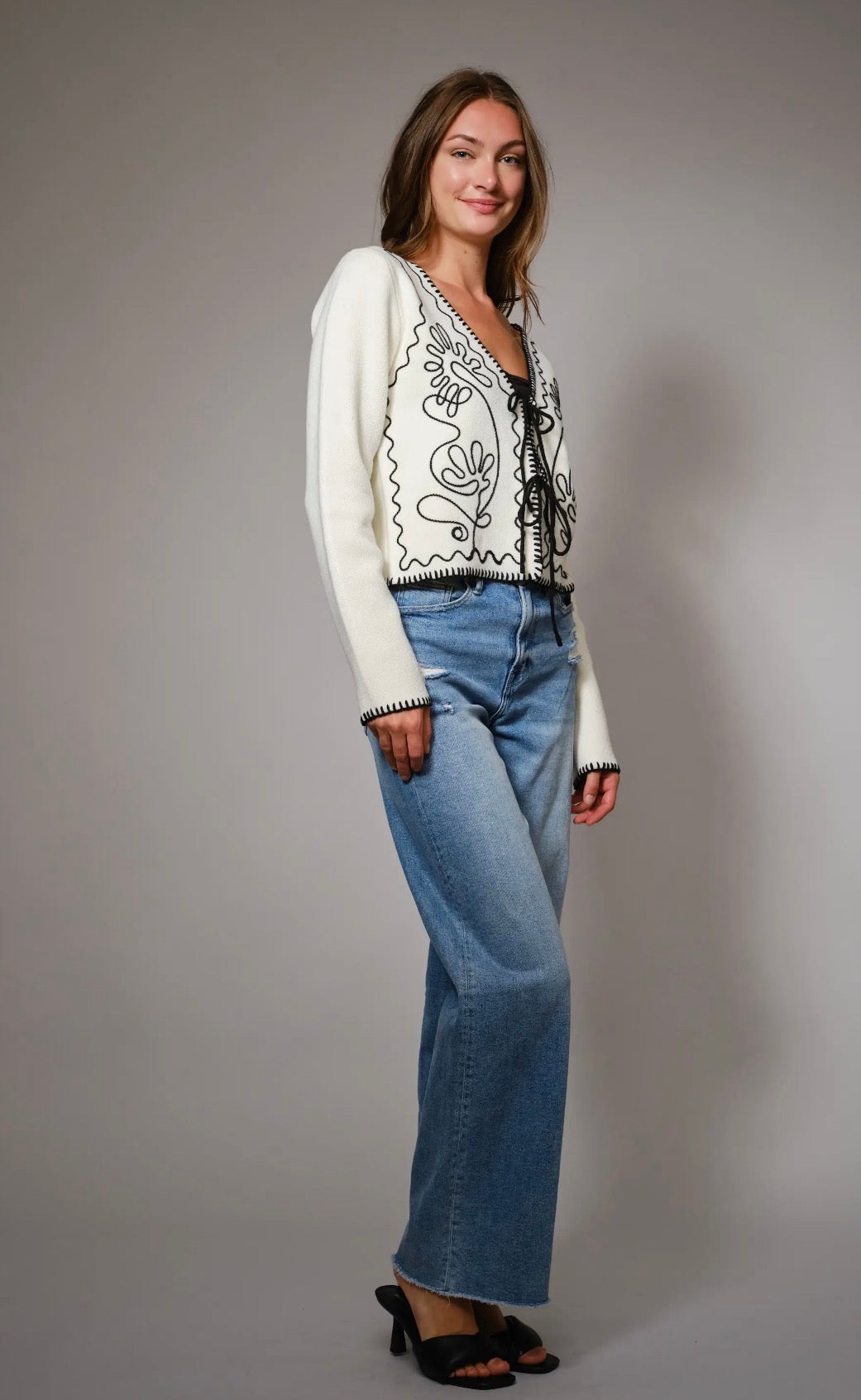 Embroidered Front Tie Long Sleeve Cardigan
