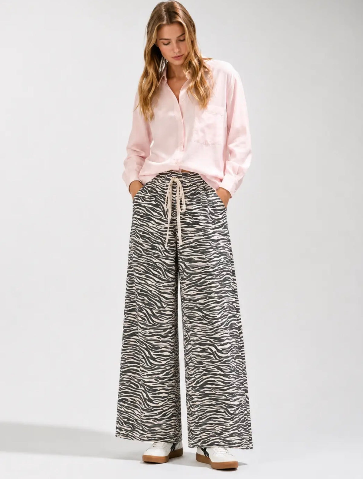 Drawstring Tie Pants with Zebra Print