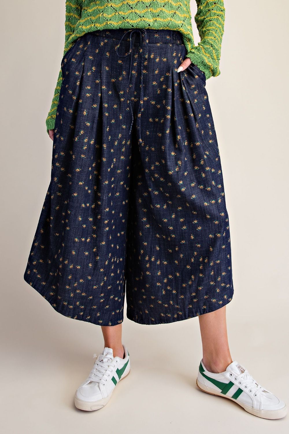 FLORAL PRINT WASHED WIDE LEG PANTS