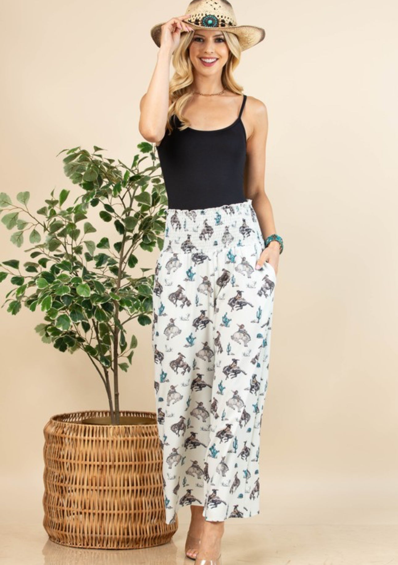 Western Print Smock Waist Pants