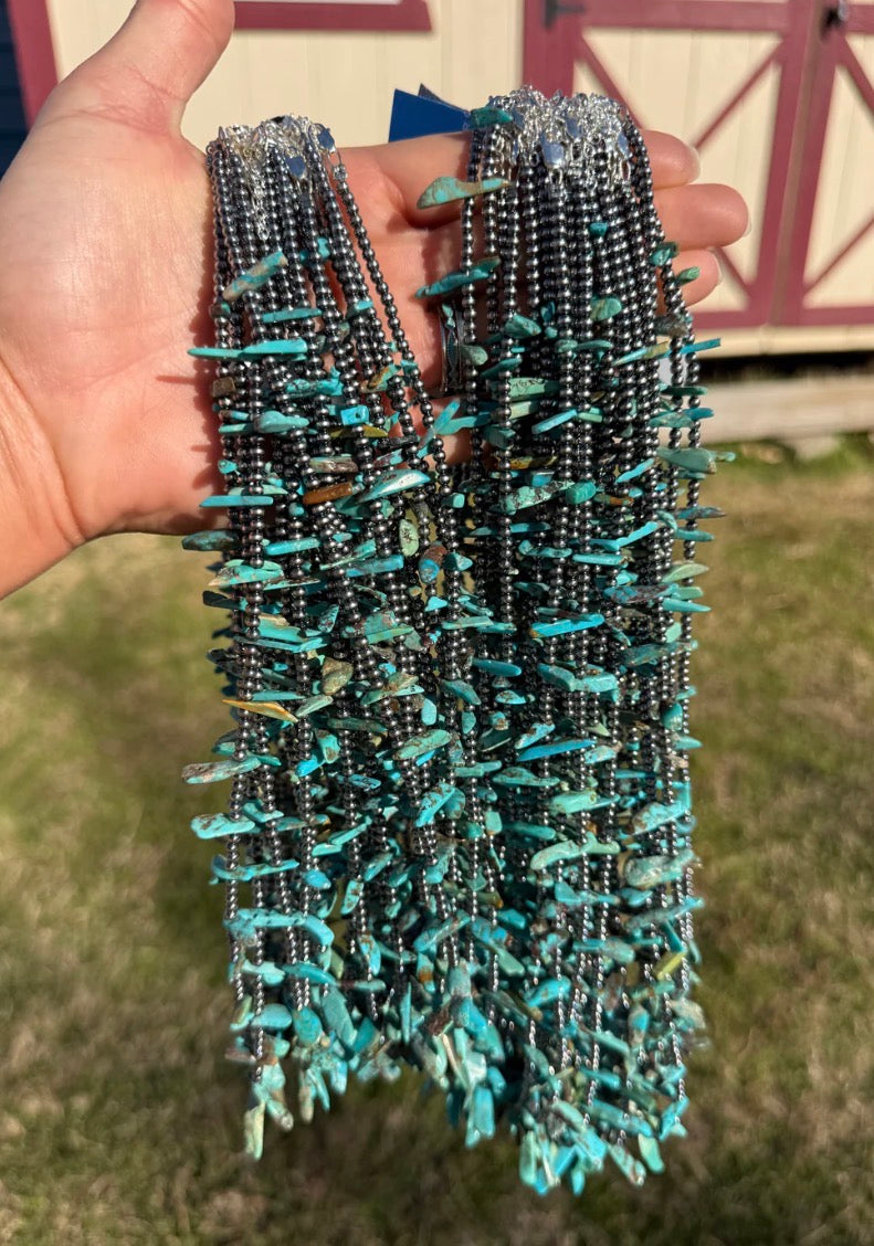 Sterling Silver Pearl & Turquoise Long Chip Necklace