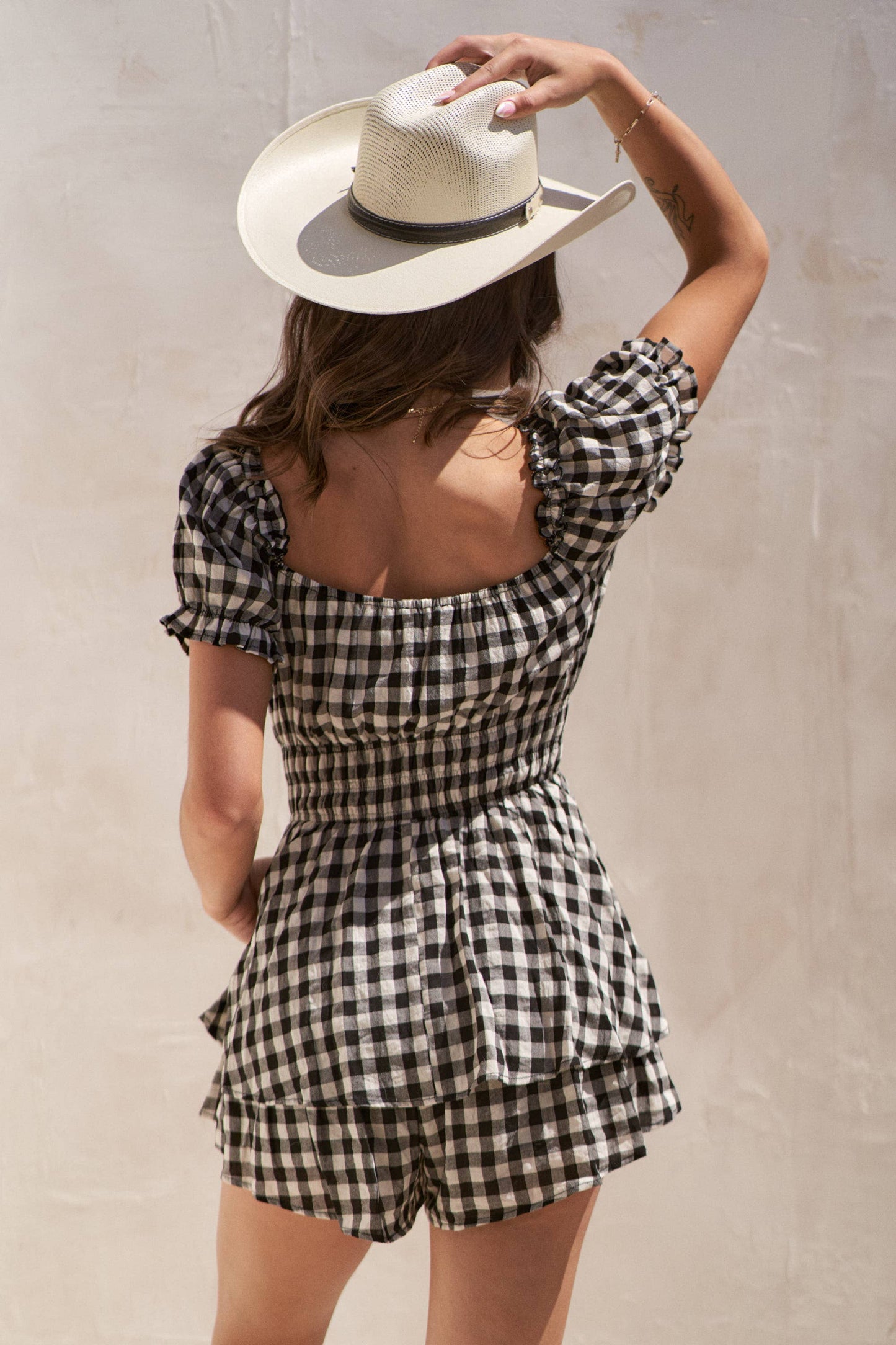 GINGHAM PRINT PUFF SLEEVE ROMPER