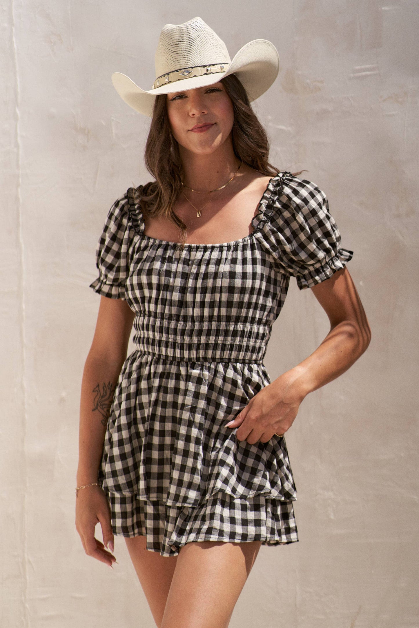 GINGHAM PRINT PUFF SLEEVE ROMPER