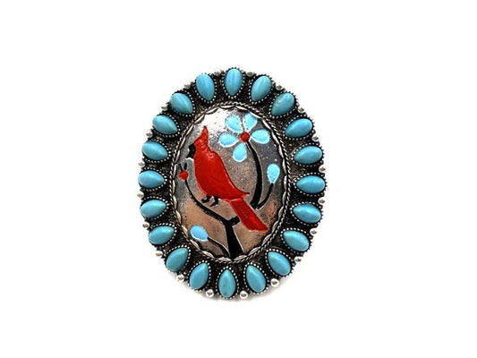 Western Cardinal Portrait Plate Turquoise Cuff Ring