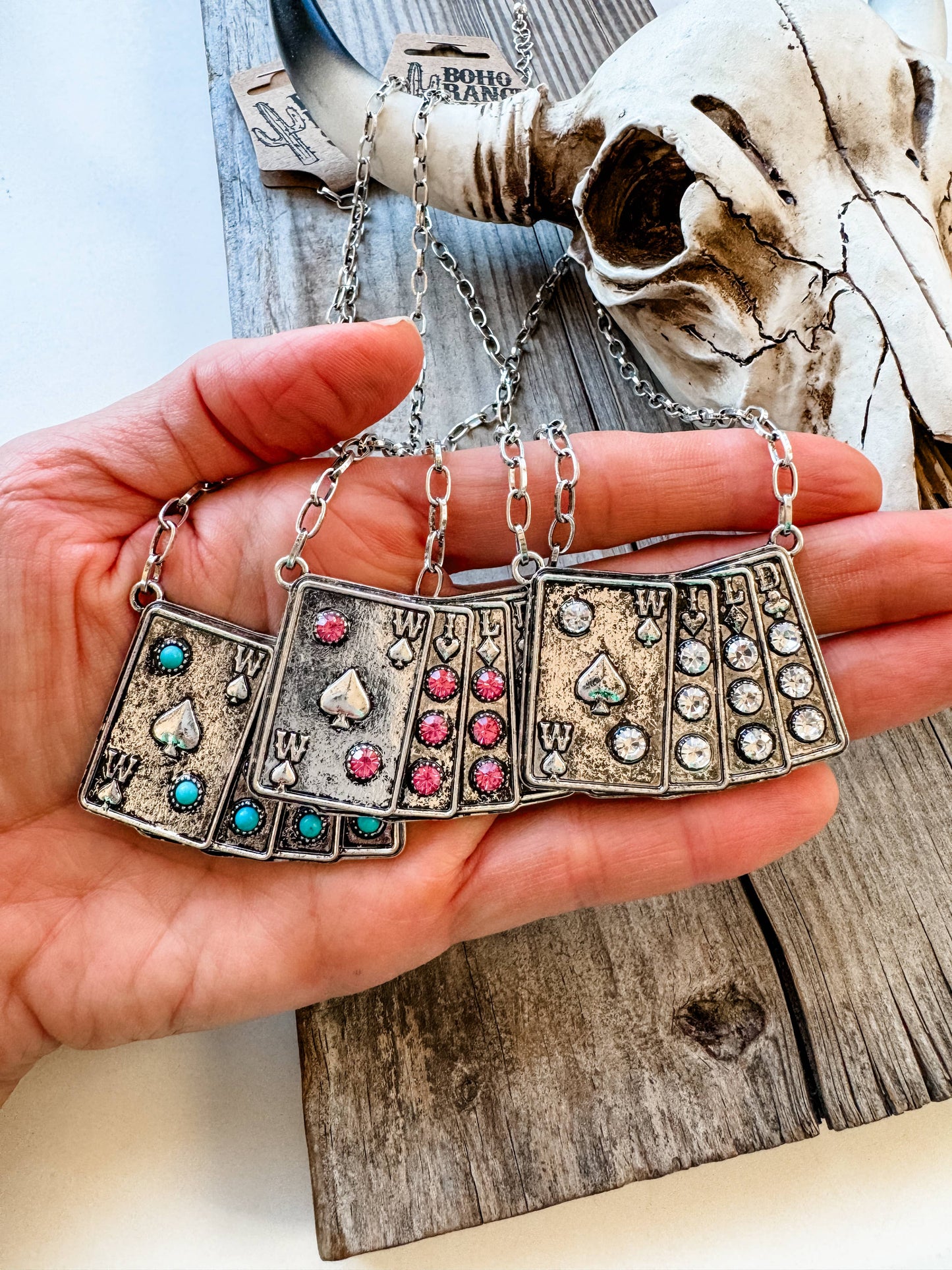 Western Wild Card Pendant Necklace - Rhinestones