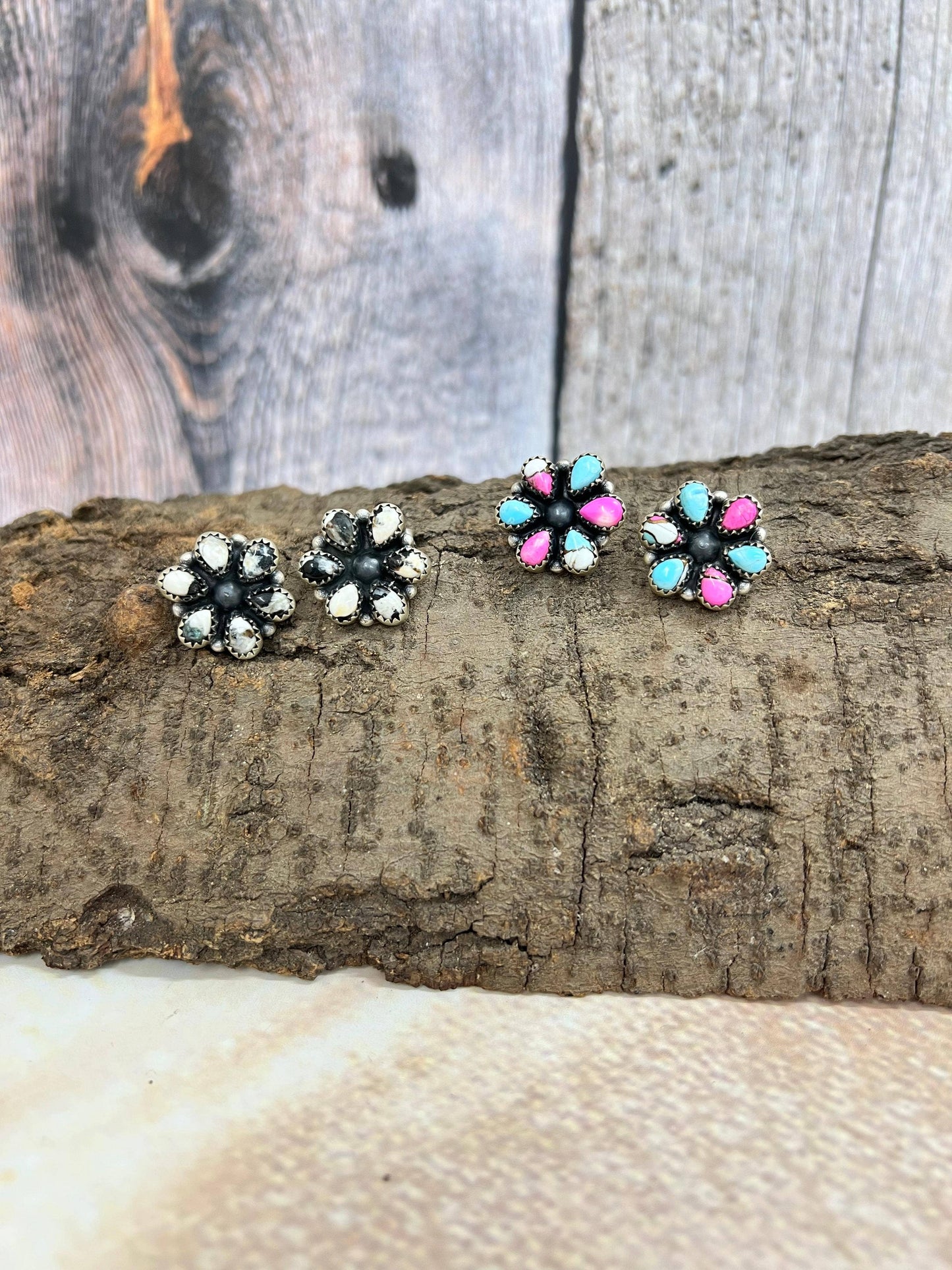 Handmade Sterling Silver White Buffalo, Cotton Candy Turquoise Studs with Signed Nizhoni