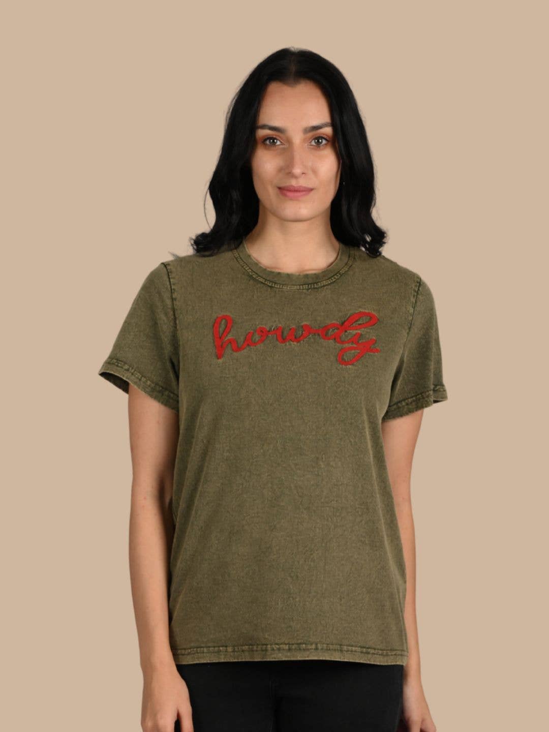 Howdy Embroidered Casual Crew-Neck T-Shirt