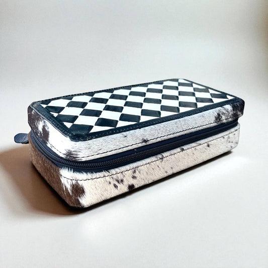 Checker tooled leather & cowhide jewelry box 