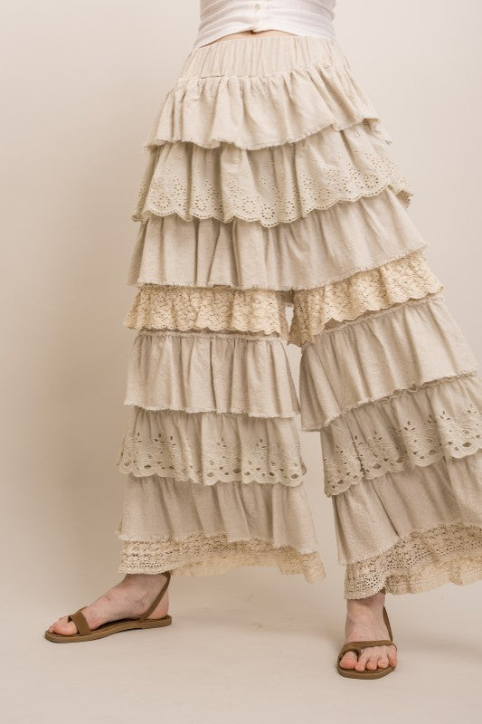 EYELET & LACE MIX TIERED LACE RUFFLE PANTS