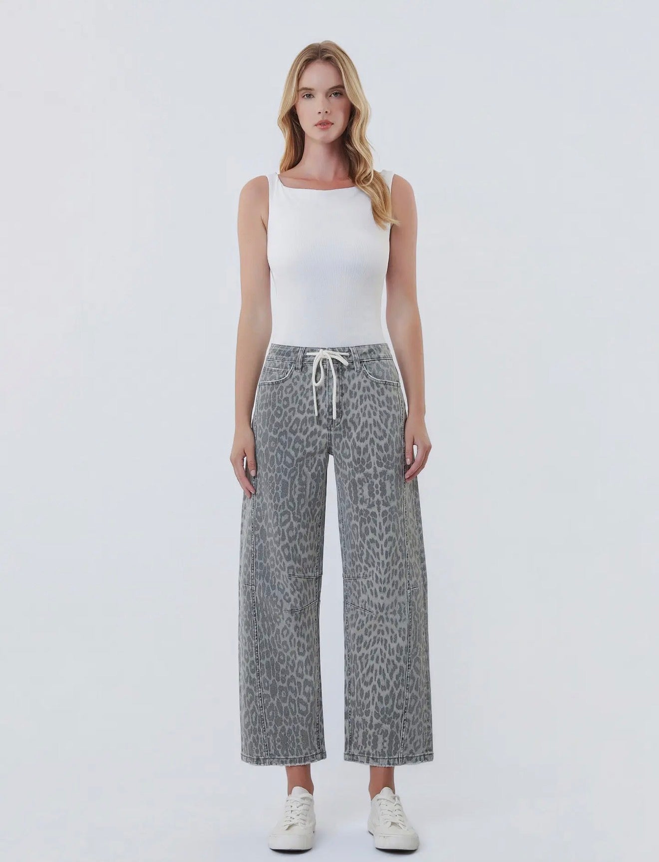 High Rise Drawstring Grey Leopard Barrel Jeans