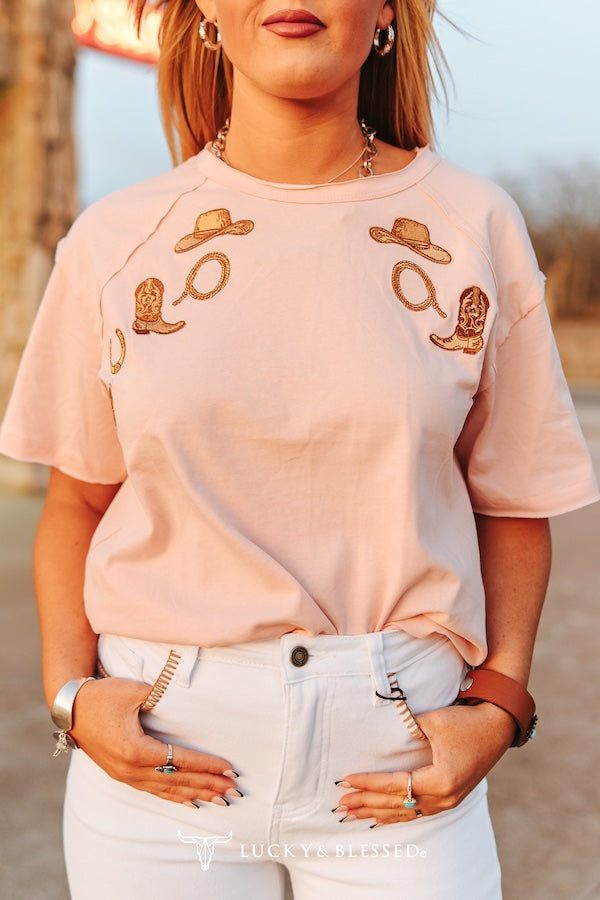 PINK WESTERN - CAMEL EMBROIDERED SHORT SLEEVE UNFINISHED HEM DETAIL SHIRT