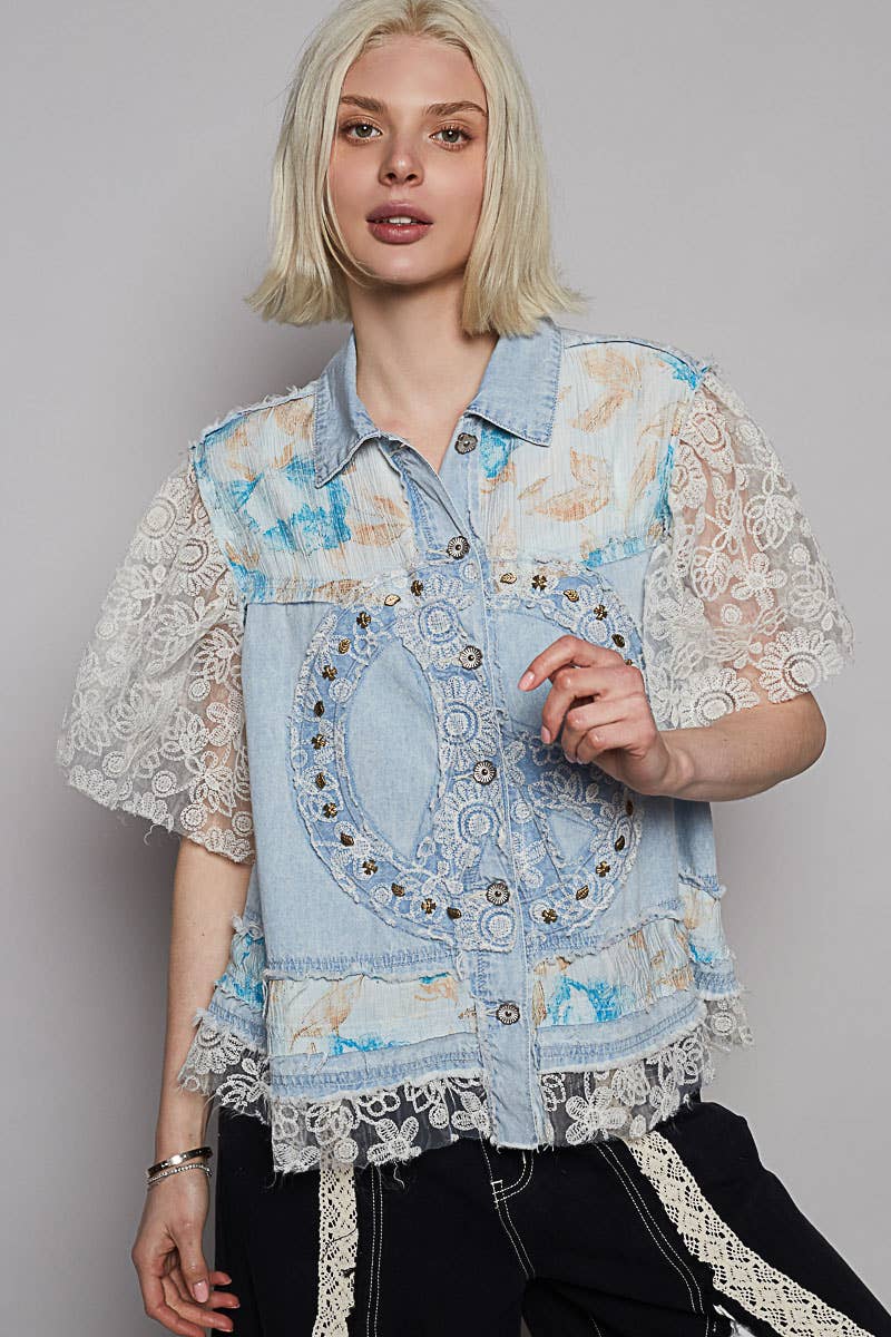 Short sleeve denim lace peace patch solid jacket