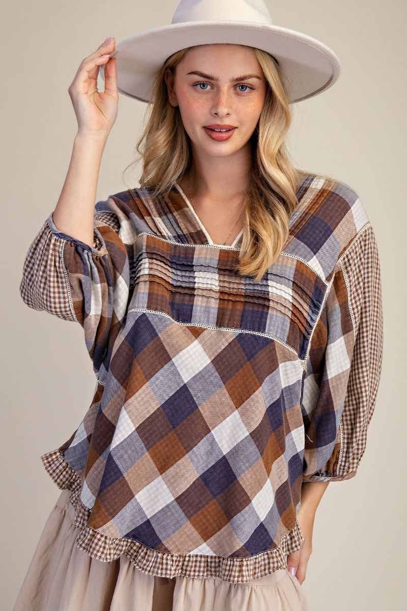 CHECKERED WASHED COTTON GAUZE TOP