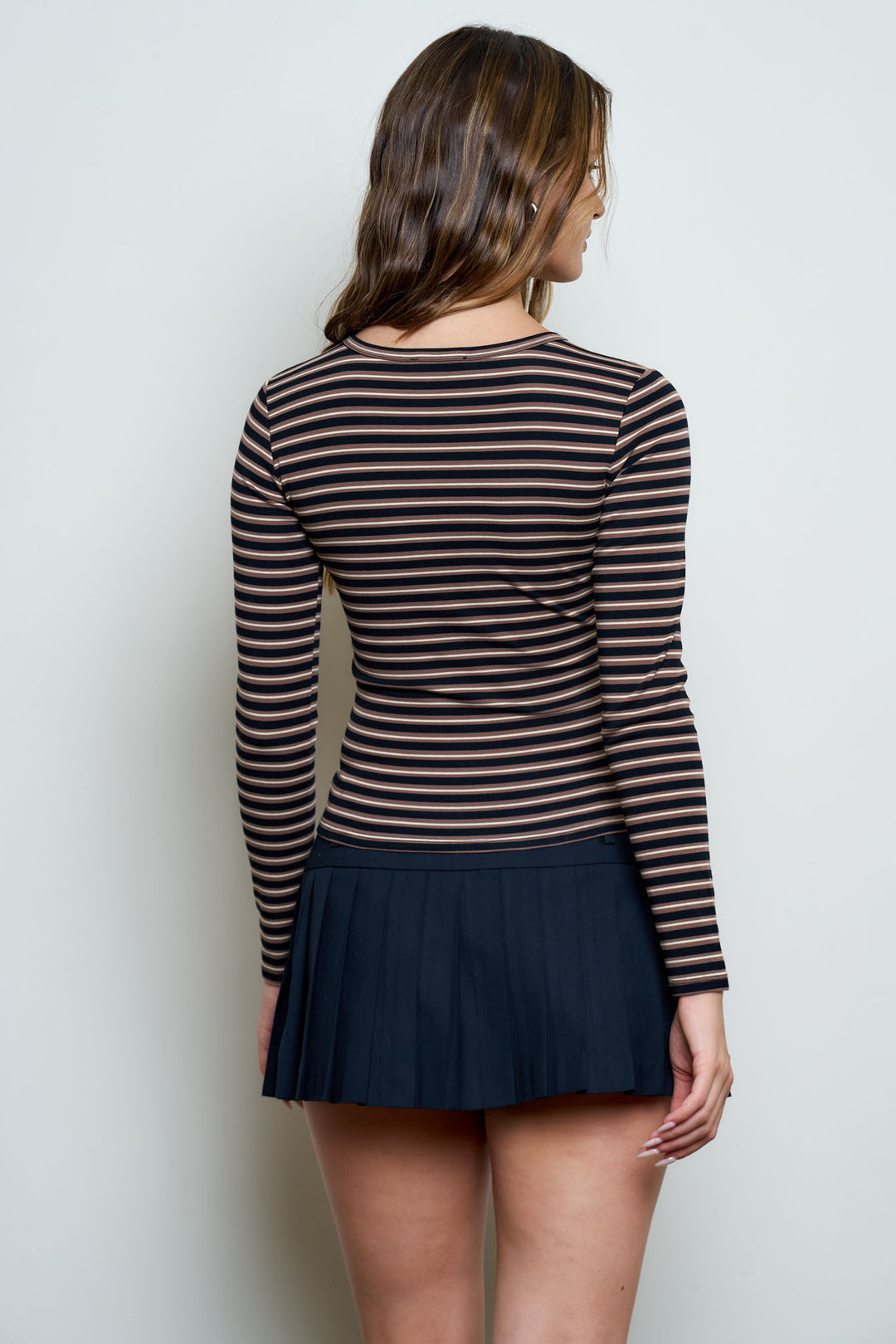 BUTTON DOWN CREW NECK STRIPED LONG SLEEVE KNIT TOP