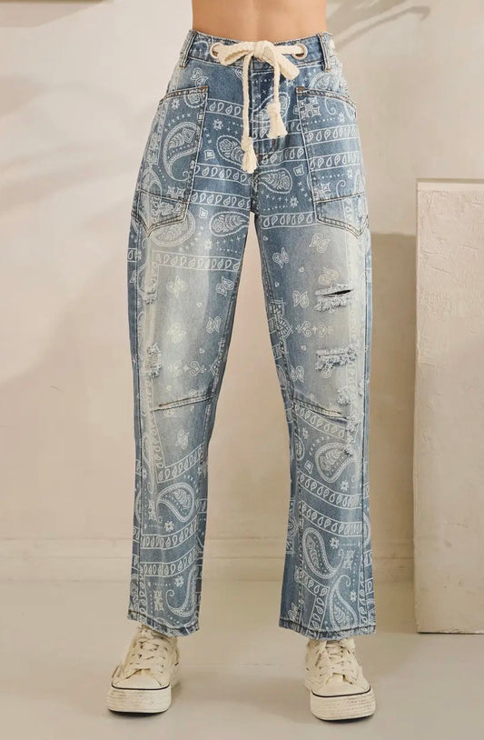 Washed Patty Paisley Patch Print Denim
