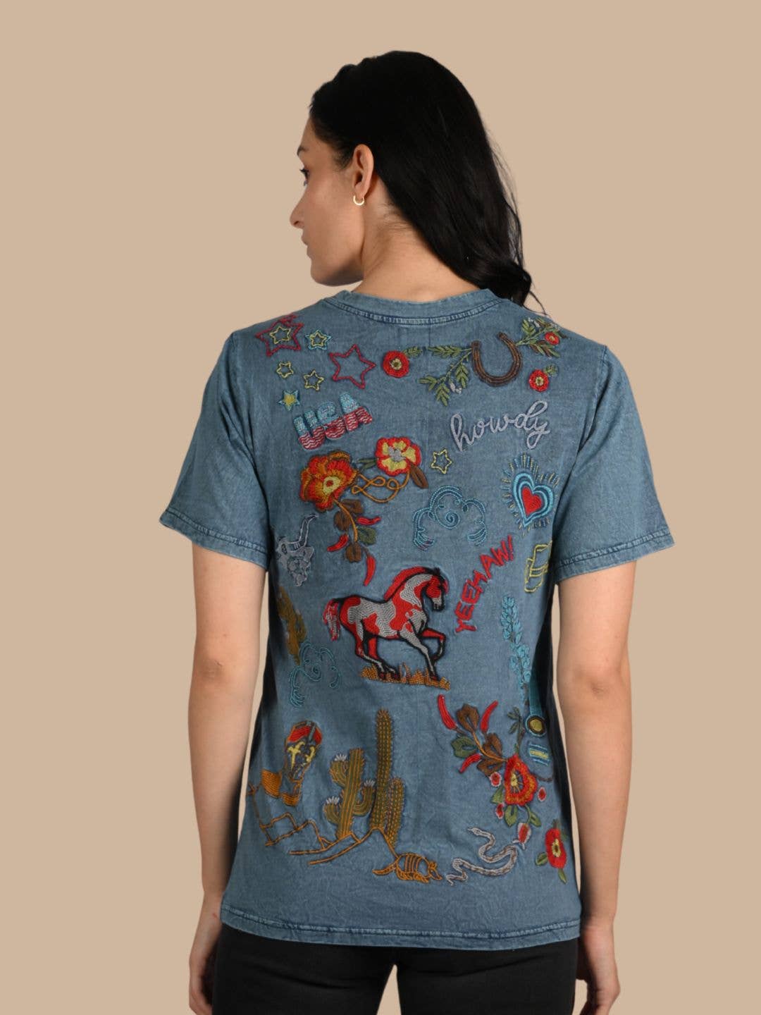 Howdy Embroidered Casual Crew-Neck T-Shirt