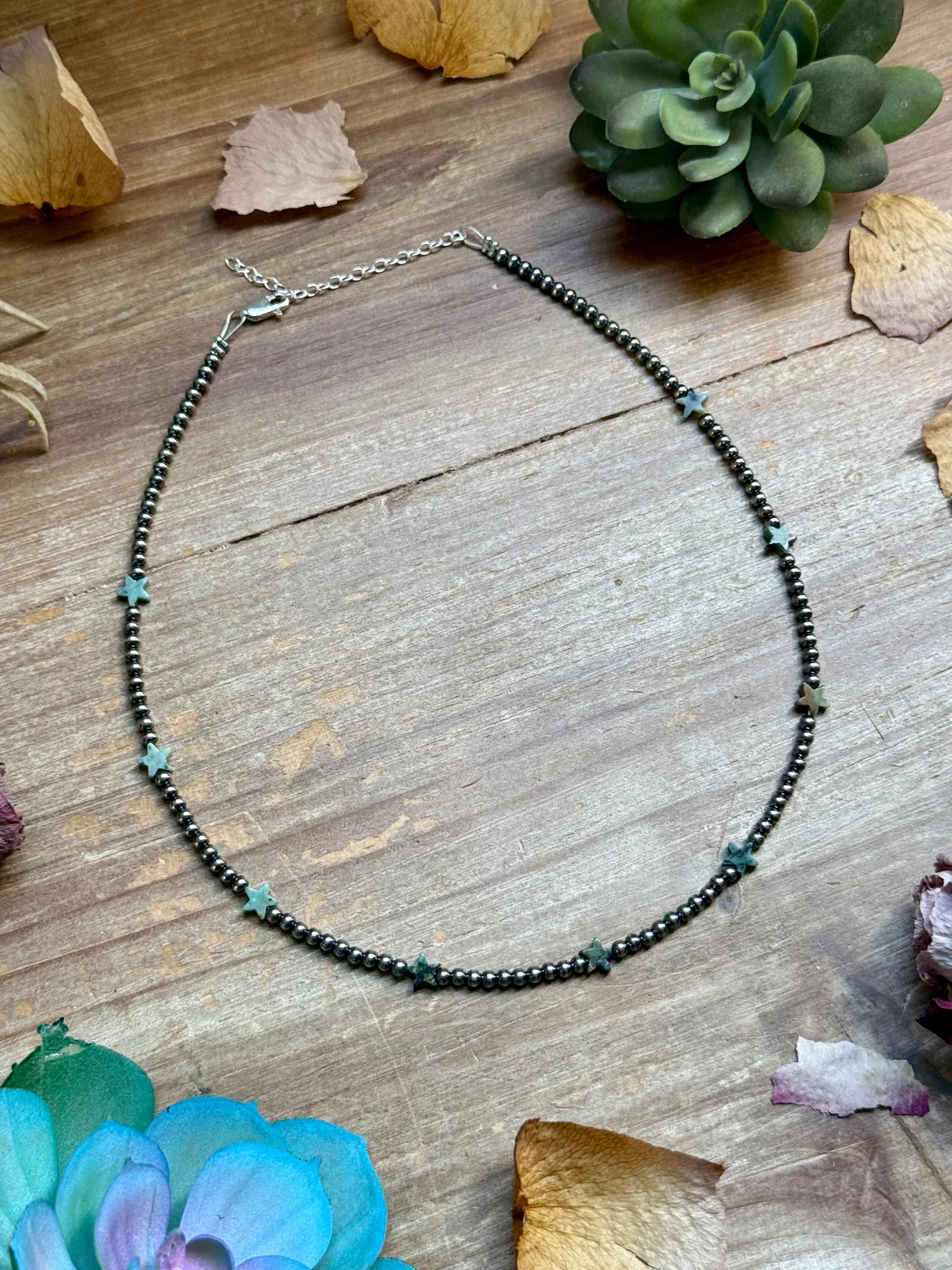 15" African Turquoise Star
Necklace - Sterling Silver Pearls