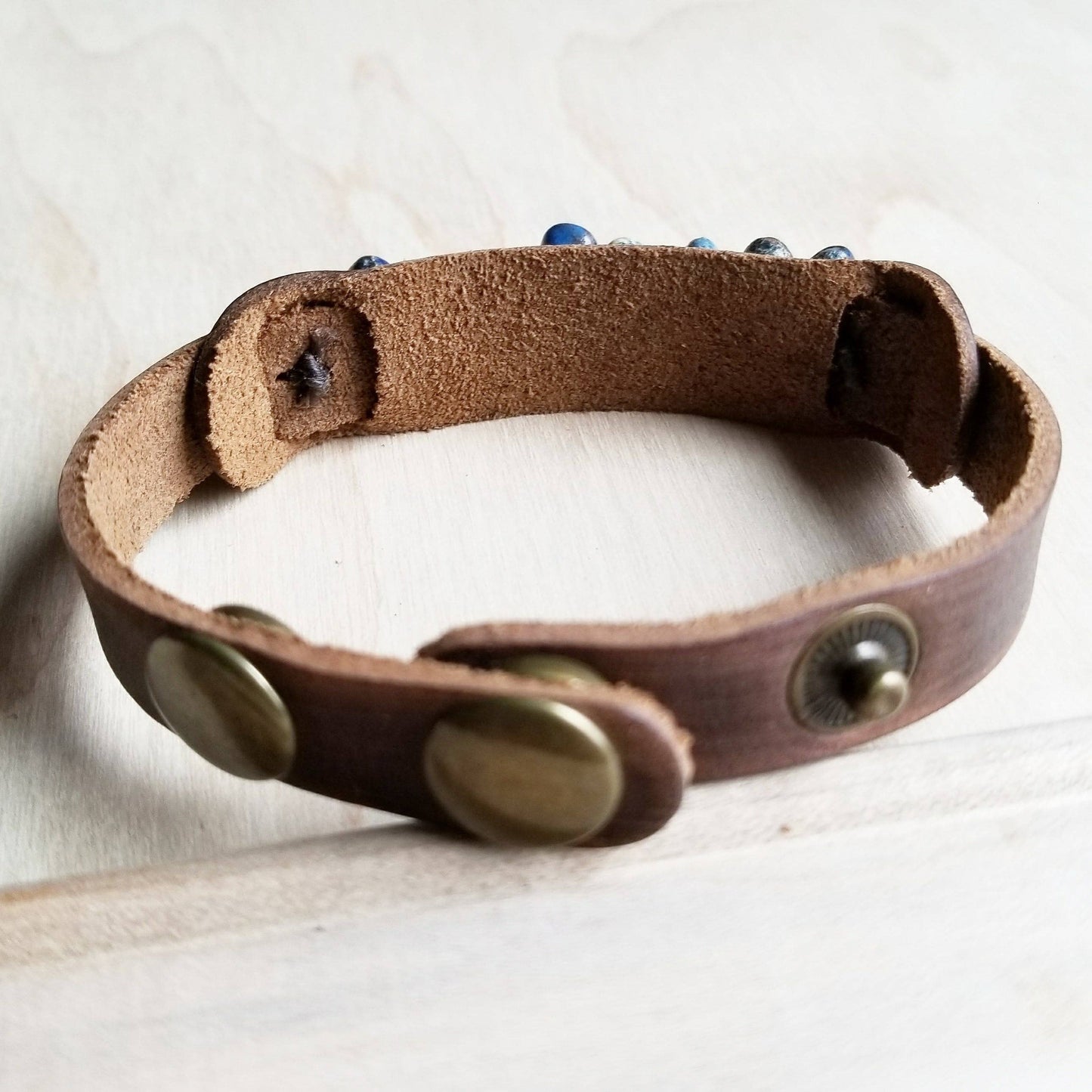 **Genuine Leather Narrow Cuff Turquoise Regalite Stones 006v