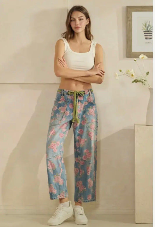Washed Fiona Floral Print Barrel Jeans