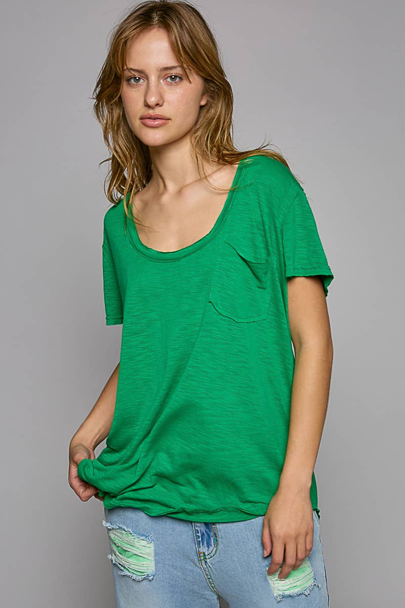 Scoop Neck Rayon Slub Tee with Pocket Front and Short Sleeve