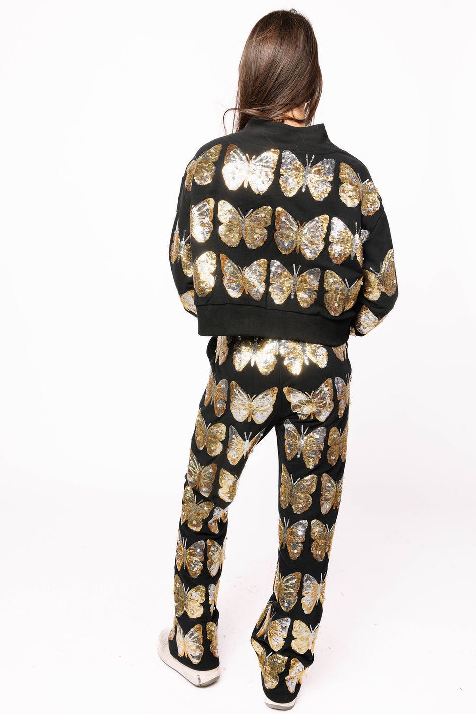 Queen Of Sparkles Black & Gold Sequin Butterfly Mockneck Sweatshirt OR Sweatpant