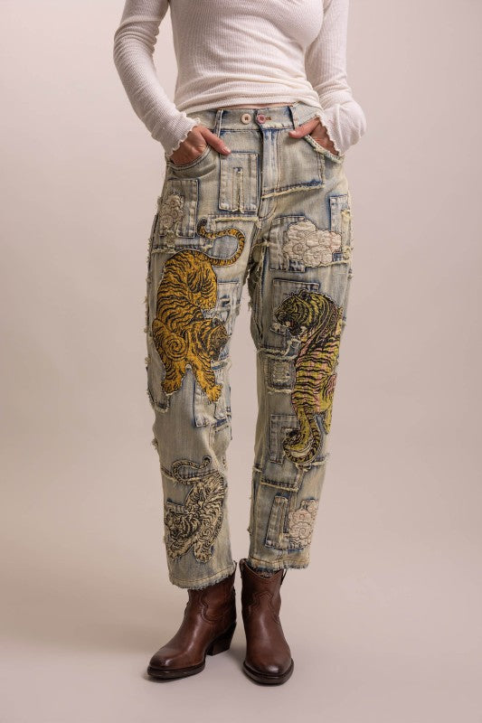 PATCHWORK TIGER DENIM PANTS