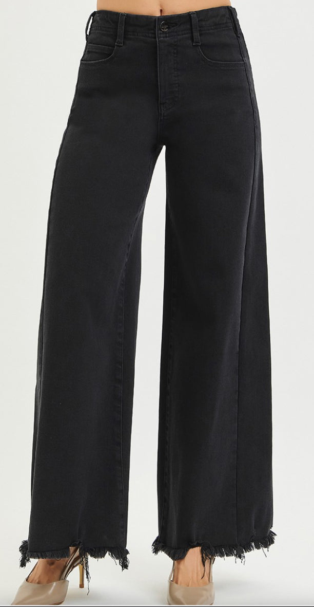 Risen Tummy Control High Rise Palazzo Leg Frayed Hem Jeans