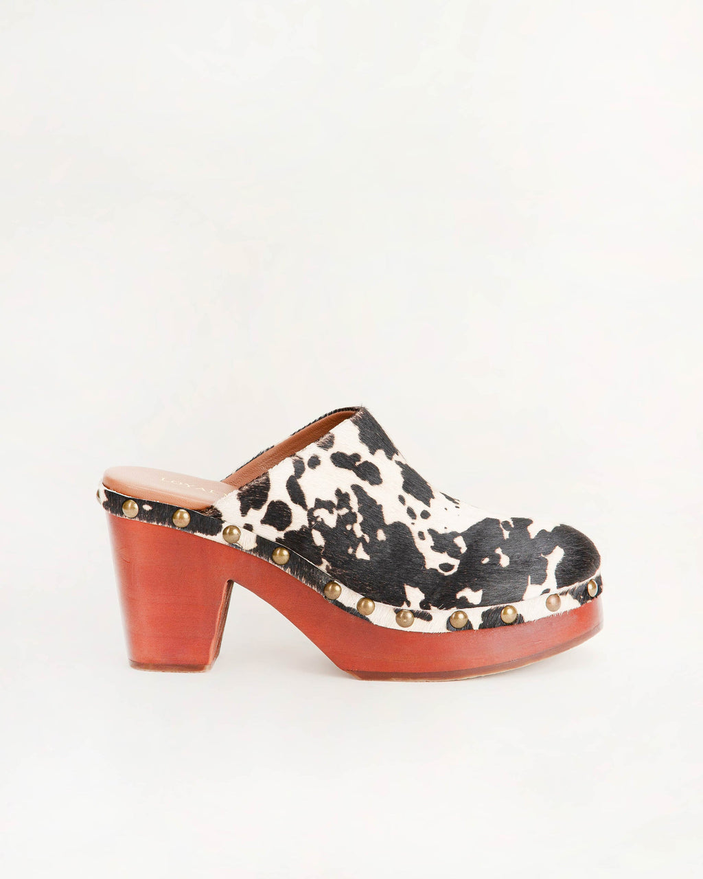 CARLOTTA TRAIL CLOGS BLACK AND WHITE COWHIDE