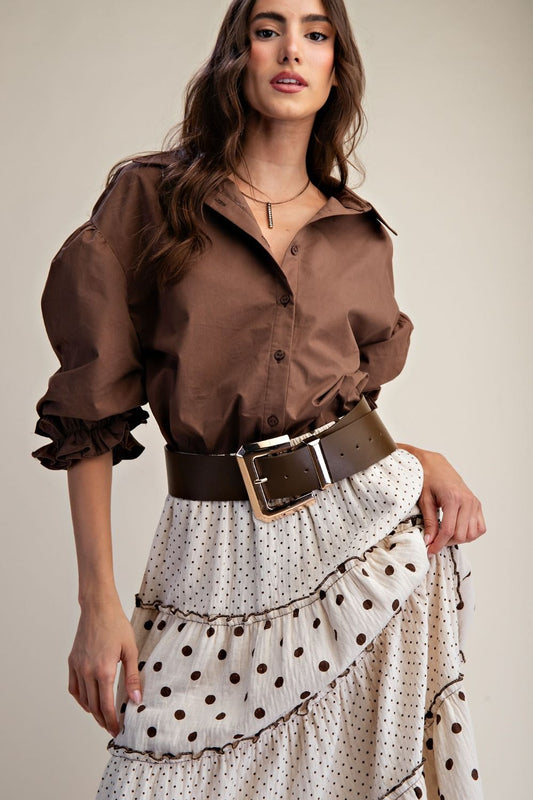3/4 SLEEVES BUTTON DOWN POPLIN SHIRT
