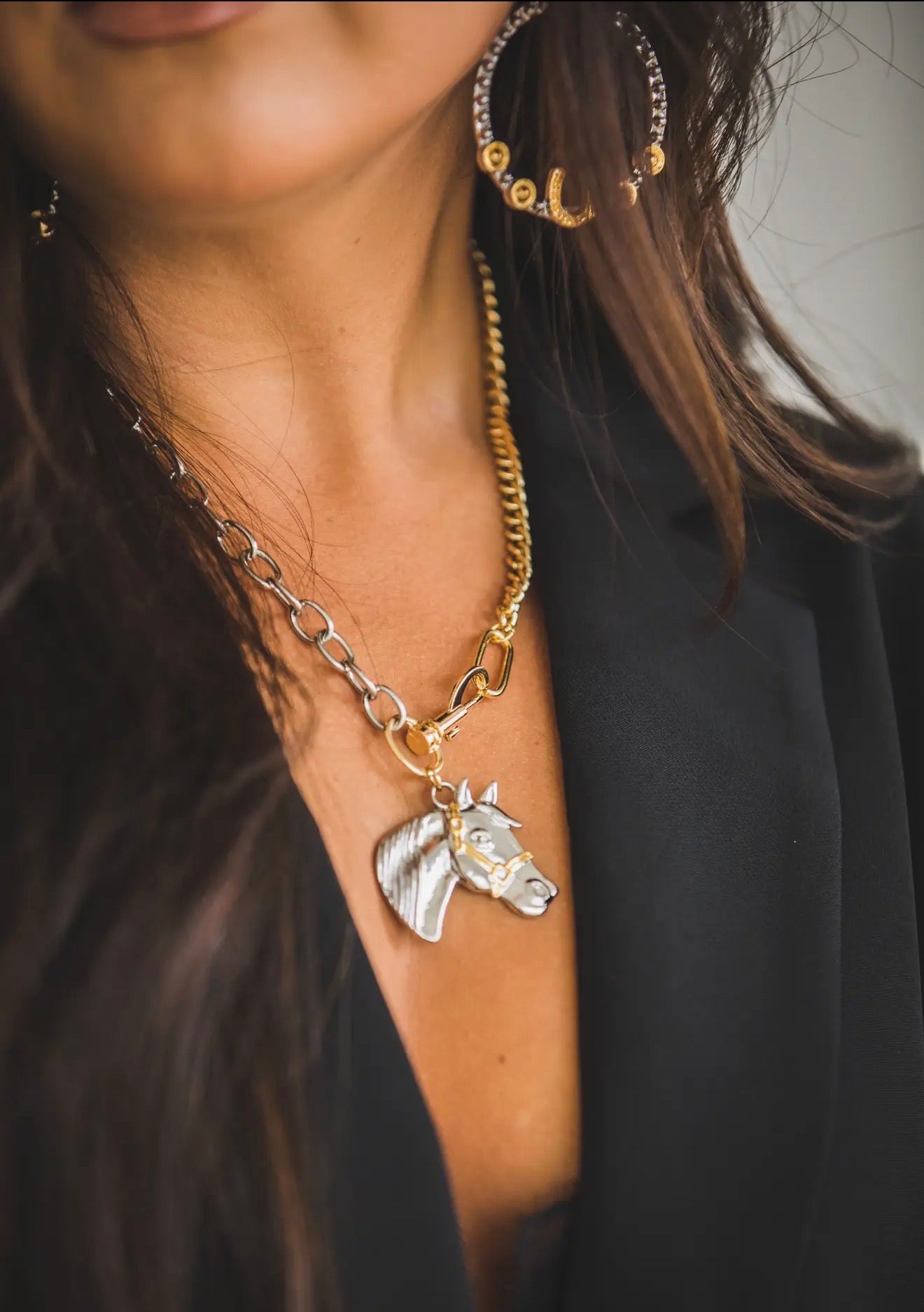 18" 18K Two Toned Plated Chain Necklace with Horse Pendant