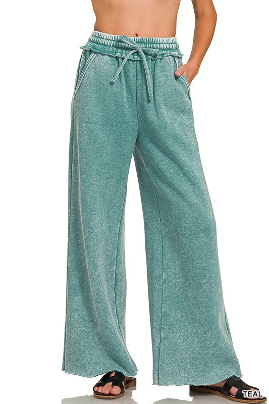 Acid Wash Fleece Palazzo Sweatpants With Pockets