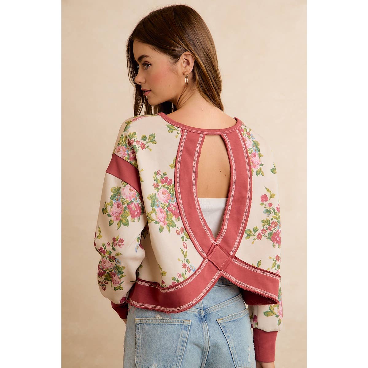 FLORAL BRUSHED TERRY OPEN BACK LONG SLEEVES TOP