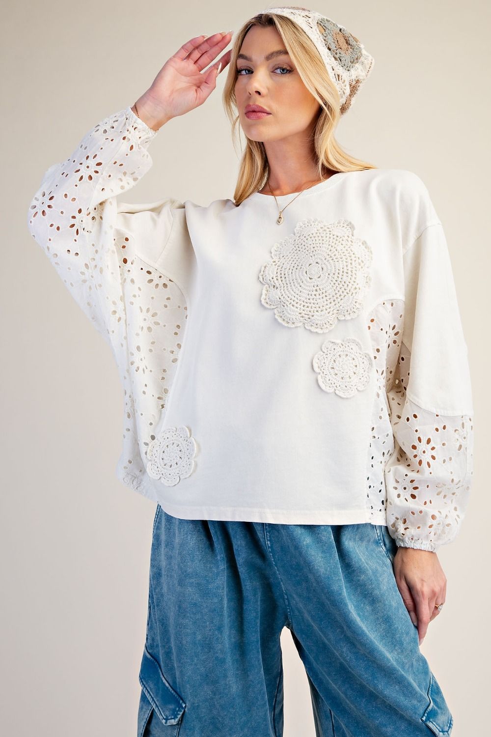 CROCHET PATCH DETAILING WASHED TERRY TOP