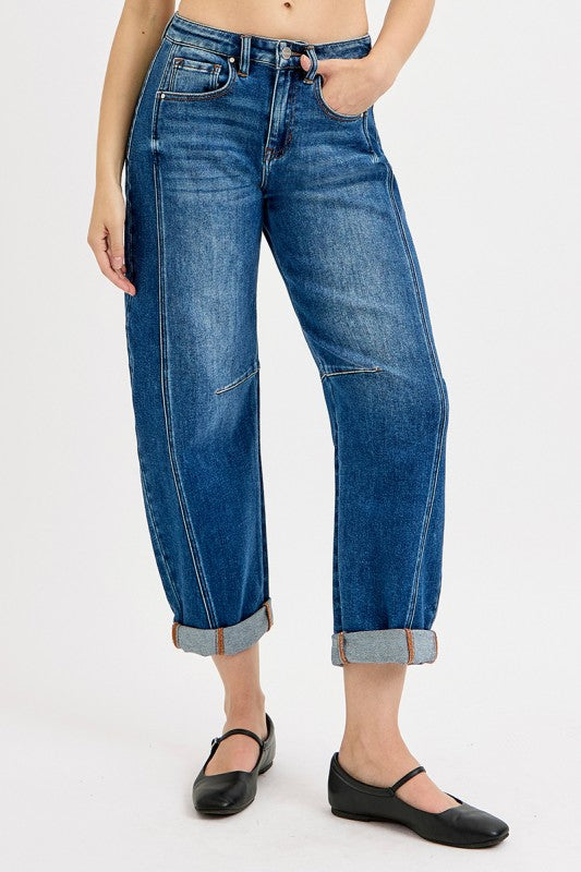 High Rise Boyfriend Cuffed Barrel Jeans