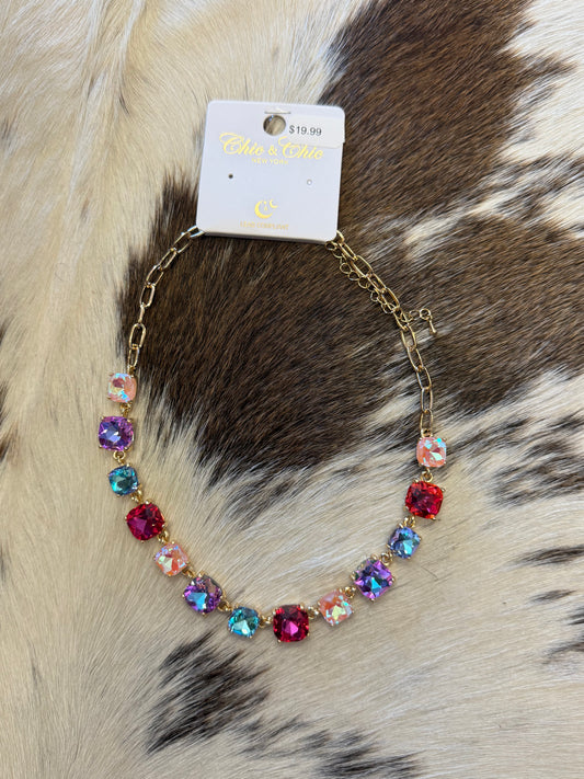 Pastel Multi Squared Glass Crystal and Gold Chain 16"-18" Necklace