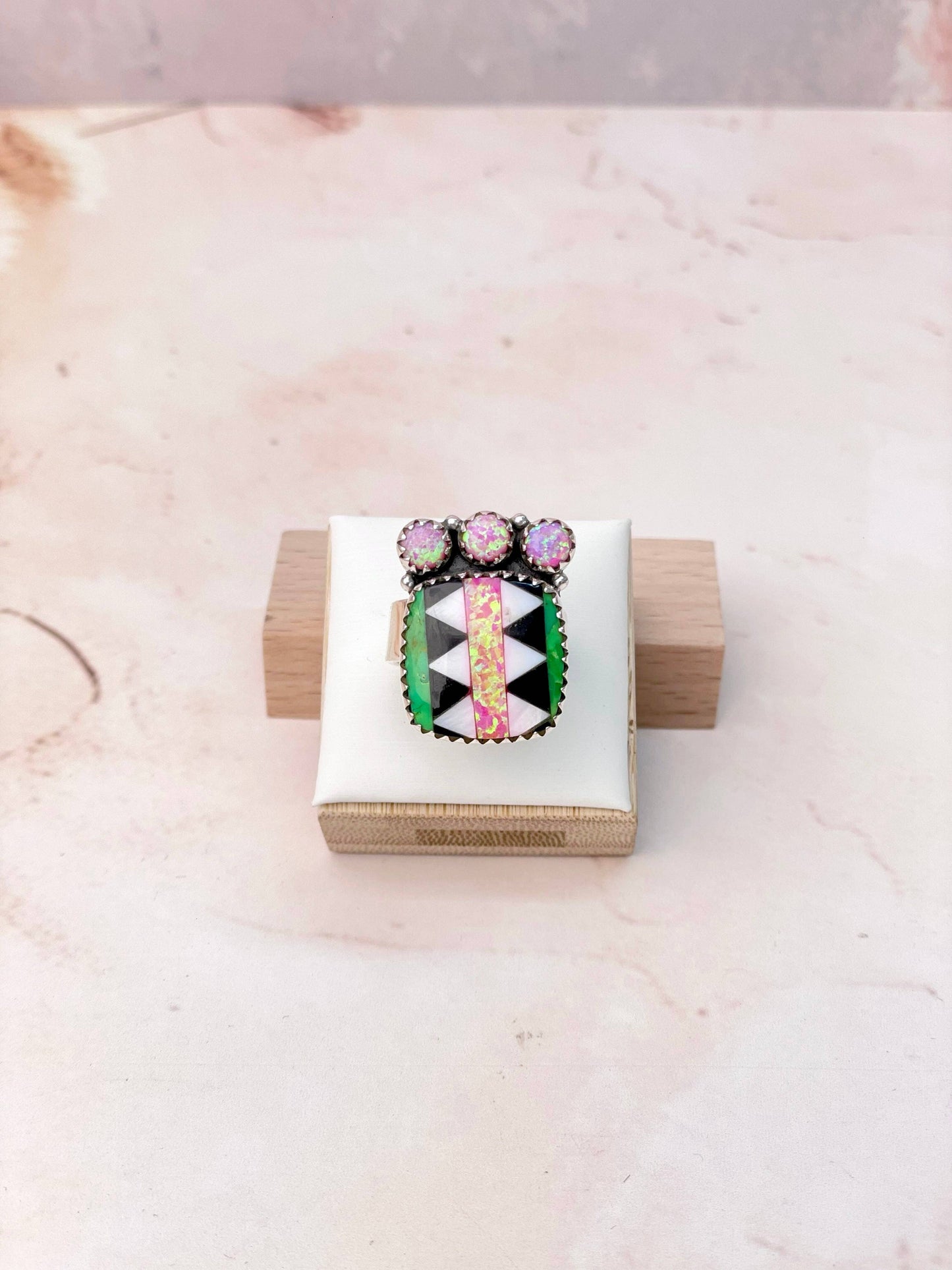 Fiery Pink Opal Aztec Pattern Small Rings