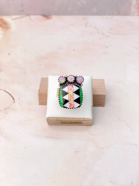 Fiery Pink Opal Aztec Pattern Small Rings