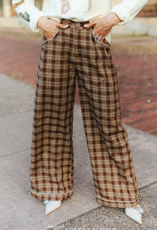 Saddle Up Brown Plaid Wide Leg Pants