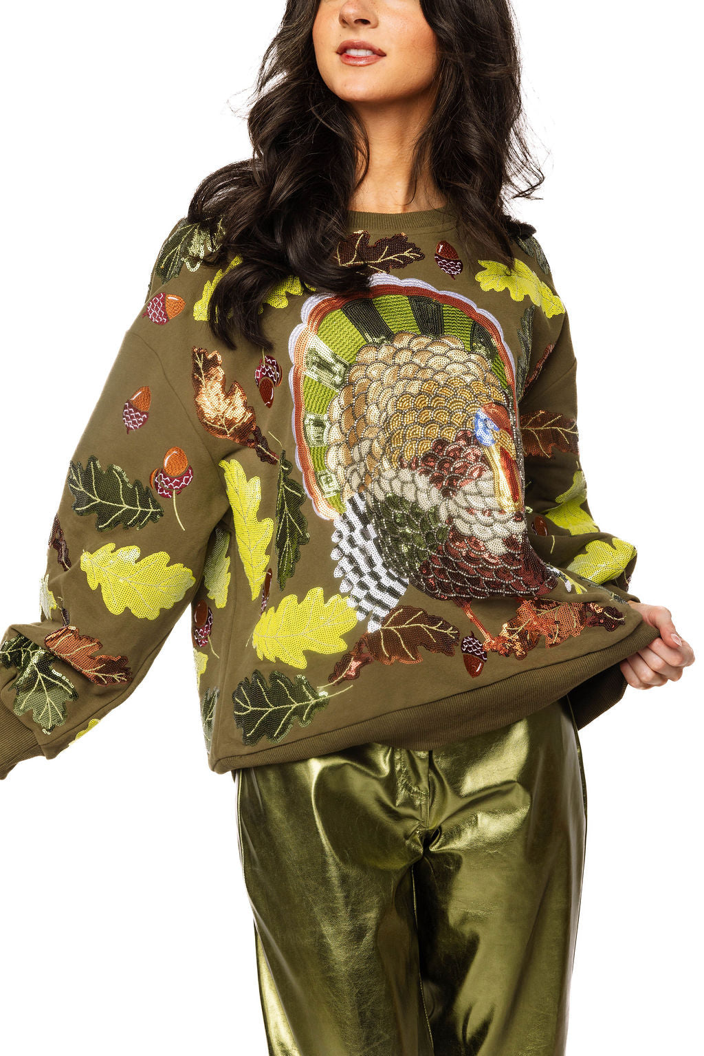 Olive Green Multi Turkey And Leaves Sweatshirt | Queen Of Sparkles