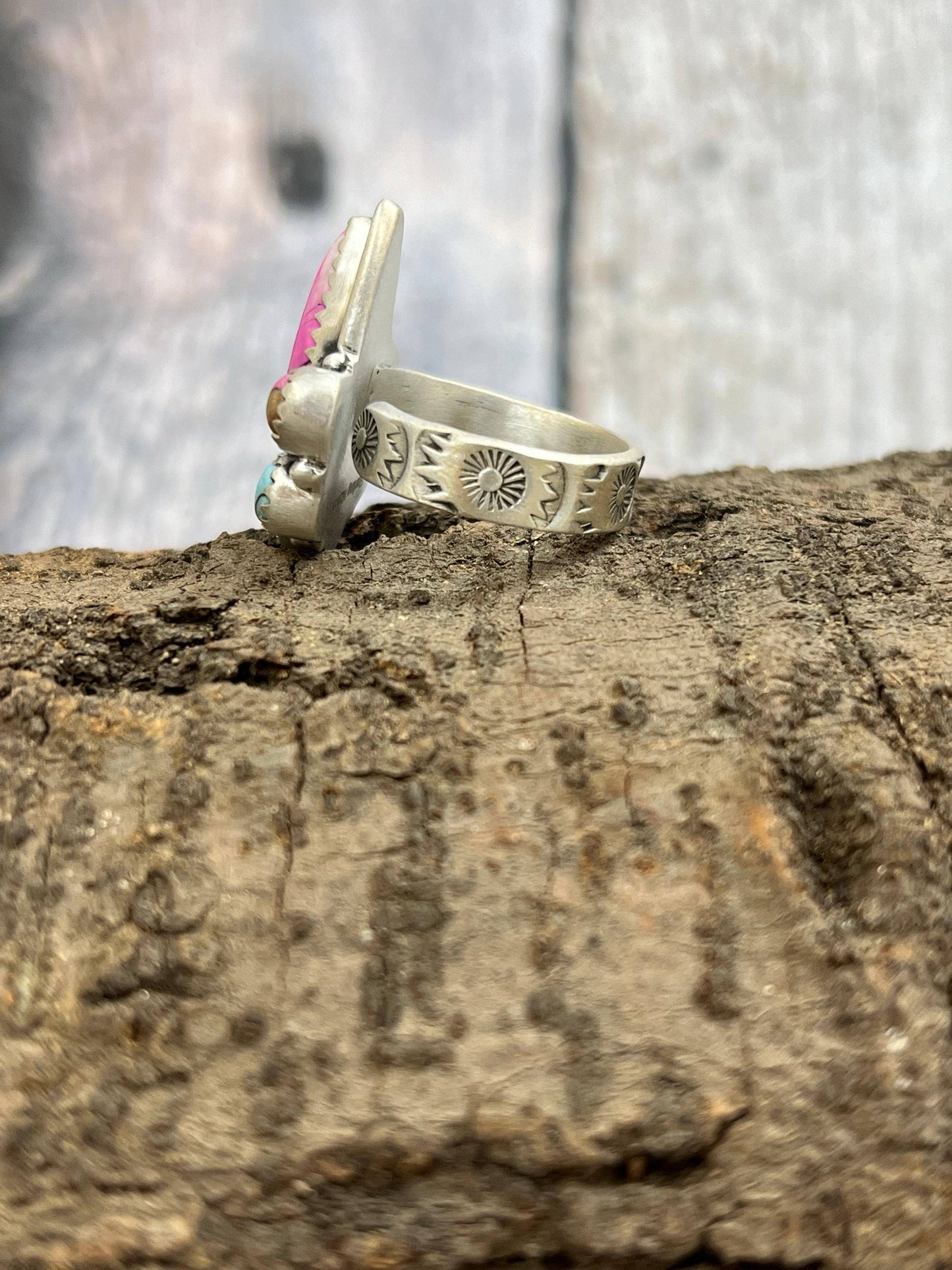 Handmade Sterling Silver Cotton Candy Turquoise Adjustable Ring with Signed Nizhoni