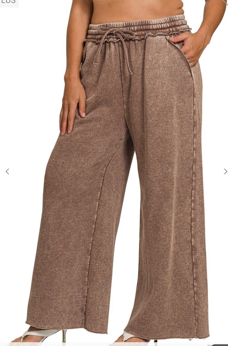Acid Wash Fleece Palazzo Sweatpants With Pockets (Plus)