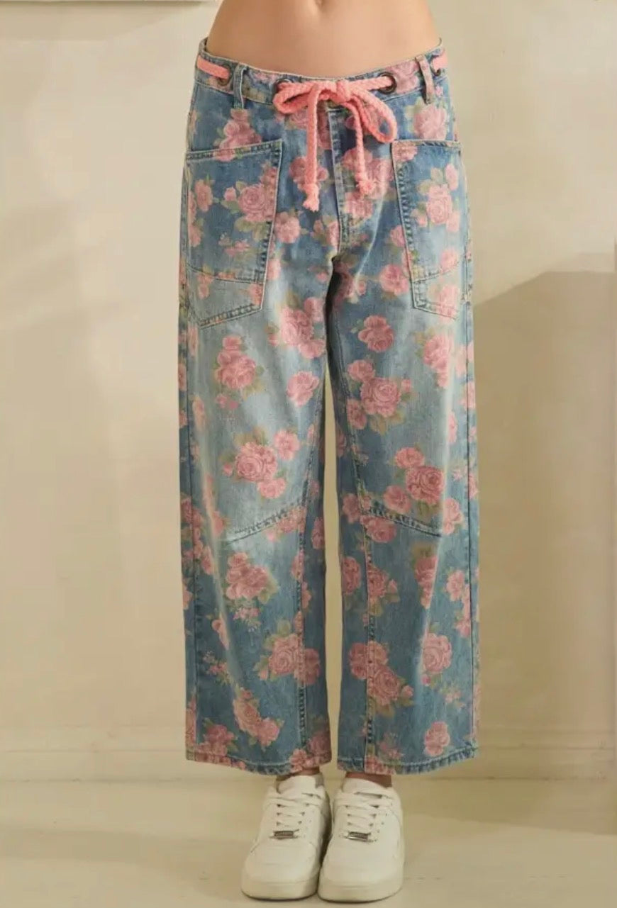 Washed Fiona Floral Print Barrel Jeans